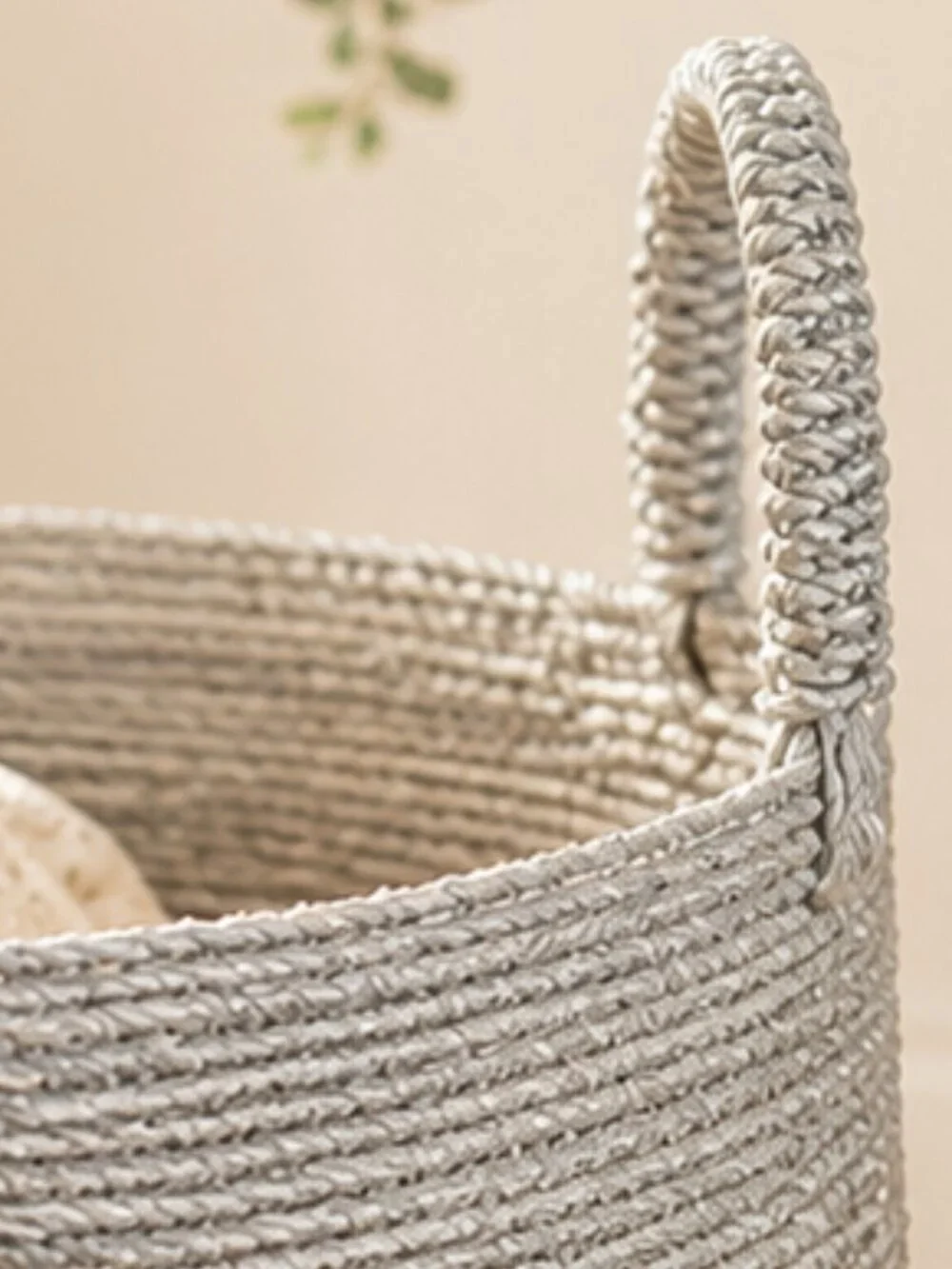 Large Metallic Silver Woven Basket With Sturdy Handles